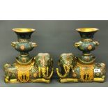 A superb pair of impressive Chinese cloisonne on gilt bronze vases mounted on elephant bases. H.