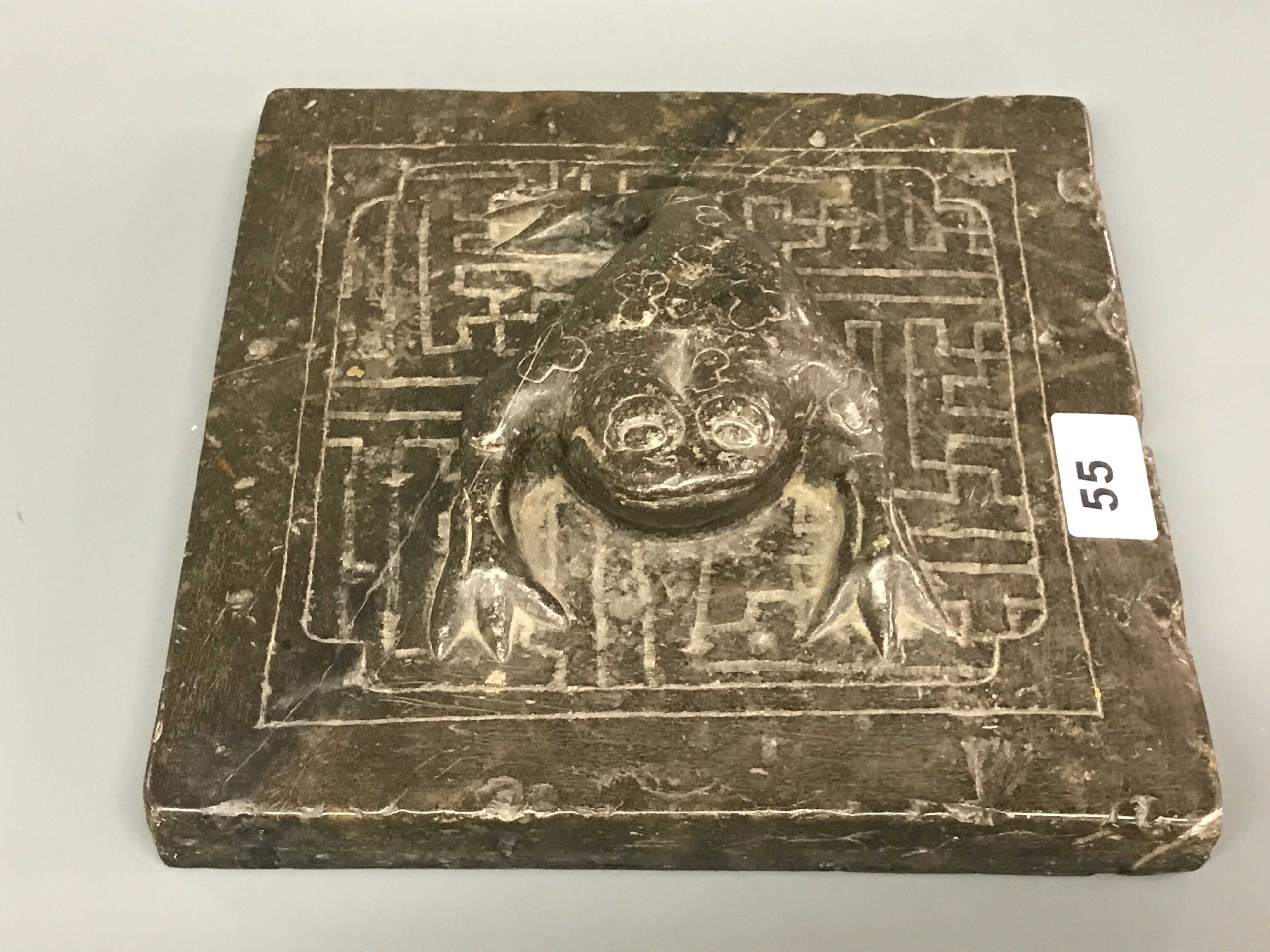 A rare Chinese Ming Dynasty carved stone calligrapher's paper weight decorated with the figure of - Image 2 of 4