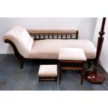 An Edwardian upholstered chaise longue with matching foot stool, piano stool and a standard lamp,