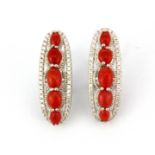 A pair of 925 silver coral and stone set earrings, L. 2.5cm.