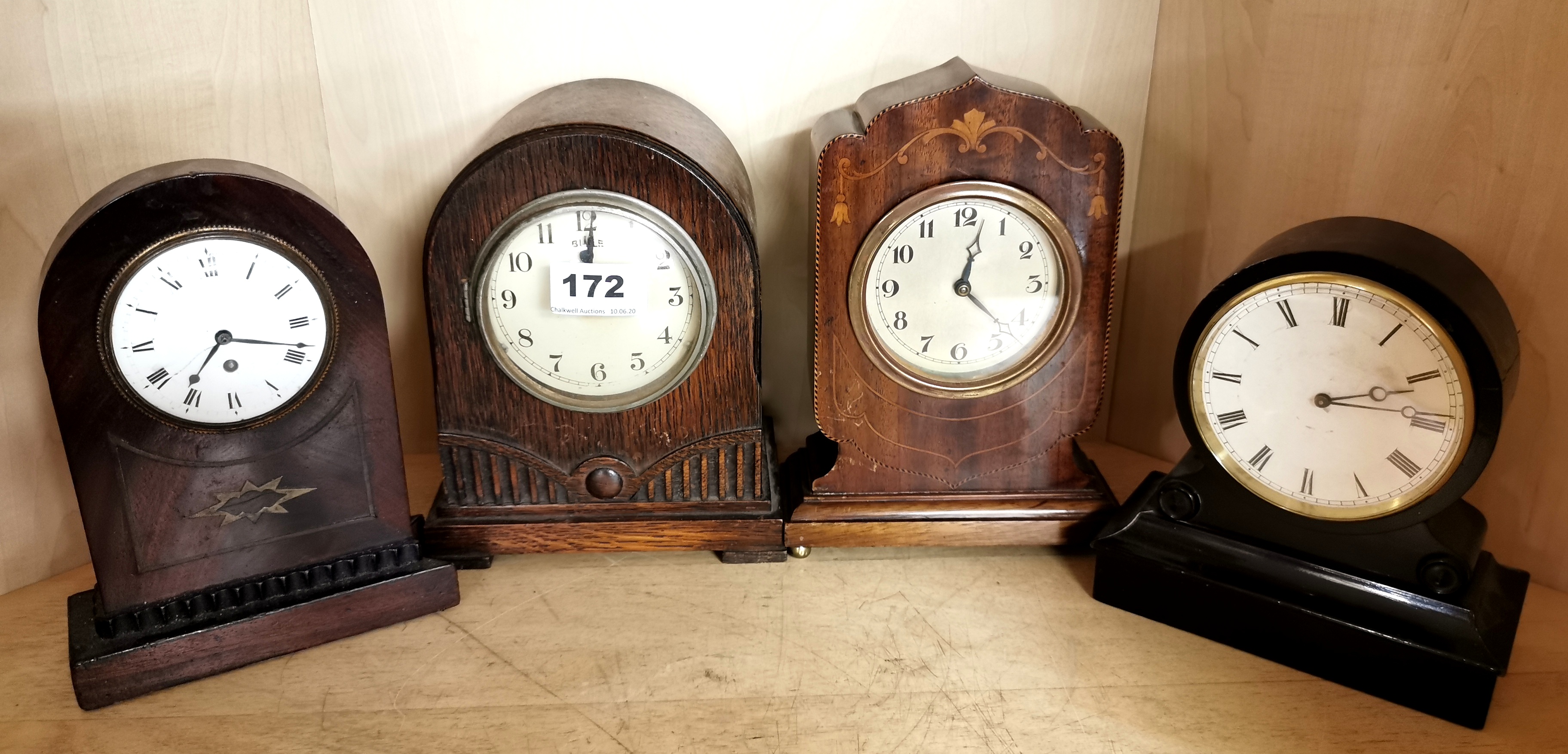 Four Victorian and Edwardian mantle clocks, tallest H. 21cm. Condition : all clocks require