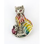 A 925 silver and enamel cat shaped pendant / brooch set with an oval cut ruby and marcasite, L.