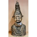 A Benin bronze bust of a tribal chief, H. 37cm.