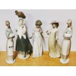 A Lladro figure of a girl with a lamb and four Nao figures, tallest H. 32cm.