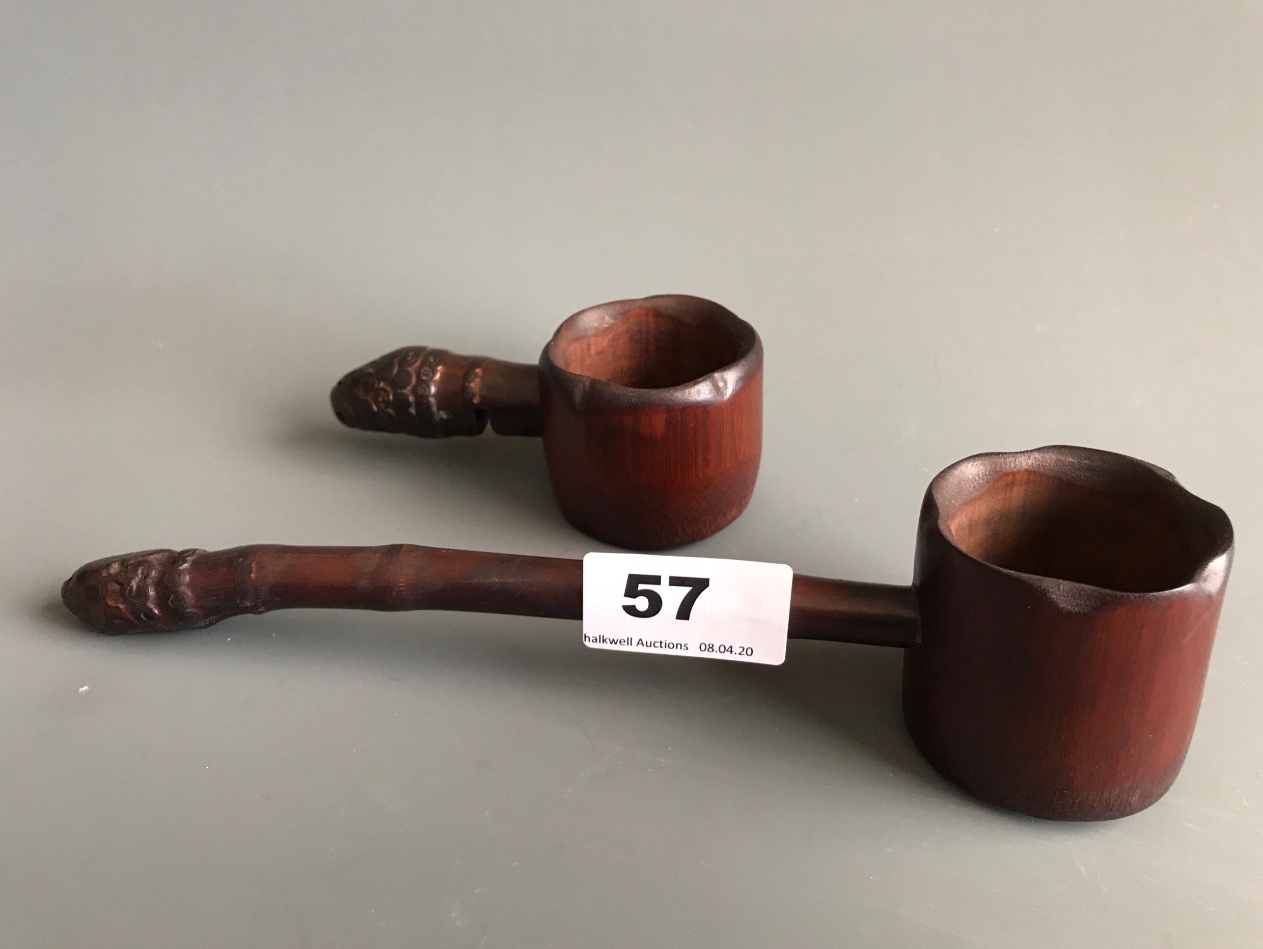 An interesting Chinese bamboo ladle and similar tea strainer. L. 22 and 11cms.