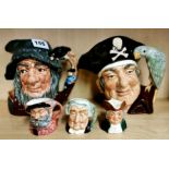 Two large Royal Doulton character jugs "Rip Van Winkle" and "Long John Silver", together with two