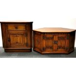 A linen fold decorated oak corner cabinet, 75 x 50cm, and similar corner tv stand, 50 x 100 x 50cm.