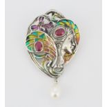 An Art Nouveau style 925 silver champlevé enamel brooch set with rubies and a pearl, 6 x 4cm.