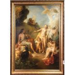 A gilt framed oil on board reproduction of a classical scene, frame size 59 x 77cm.