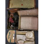 Three vintage cases containing two boxed dressing table sets, an Empire Baby camera and two other