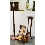 A mahogany plant stand, folding child's chair, wooden sculpture and standard lamp.