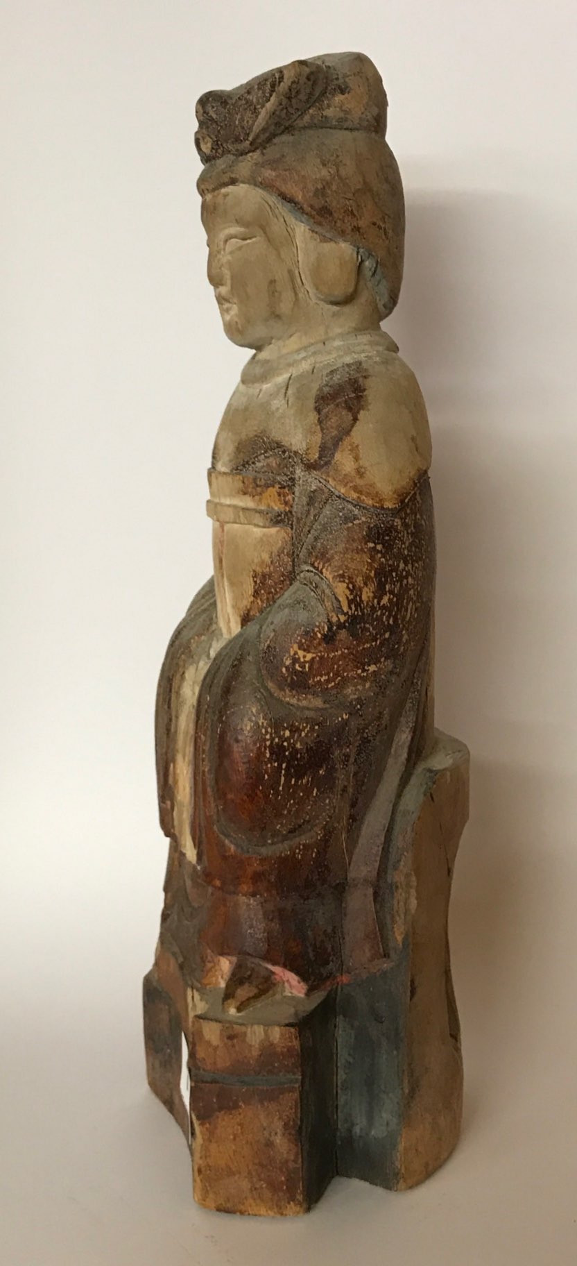 An early 20thC Chinese carved wooden ancestor figure of a woman with bound feet wearing robes and - Image 2 of 4