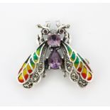 A 925 silver and cloisonne enamel bee shaped brooch set with amethysts, L. 4cm.