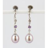 A 9ct white gold diamond, amethyst and pink pearl earrings, L. 3.2cm.