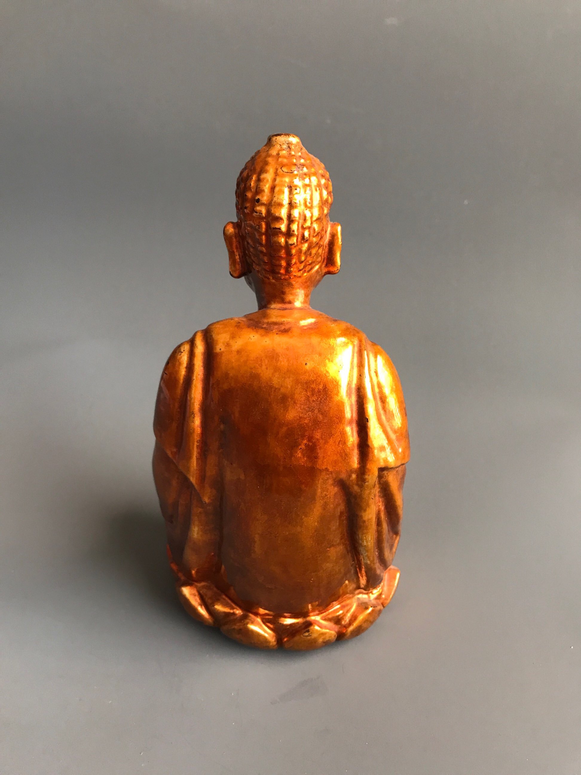 A mid 20thC gilt lacquer finished carved wooden figure of the Buddha seated on a lotus throne. H. - Image 2 of 4