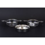 A pair of cut crystal hallmarked silver quaich style bowls together with a hallmarked silver