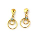 A pair of 22ct yellow gold (stamped 22) turquoise set drop earrings, L. 2cm.