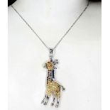 A 925 silver giraffe shaped pendant and chain set with sapphires and fancy yellow sapphires, L.