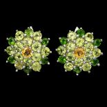 A pair of 925 silver earrings set with peridot, chrome diopside and citrines, Dia. 2cm.