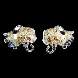 A pair of 925 silver elephant shaped stud earrings set with fancy colour sapphires, L. 1.5cm.