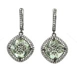 A pair of 925 silver drop earrings set with cushion cut green amethysts and white stones, L. 3.3cm.