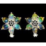 A pair of 925 silver cluster earrings set with cabochon cut opals and black spinels, L. 1.7cm.
