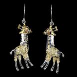 A pair of 925 silver giraffe shaped drop earrings set with sapphires and fancy yellow sapphires,