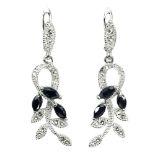 A pair of 925 silver drop earrings set with marquise cut sapphires and white stones, L. 4cm.