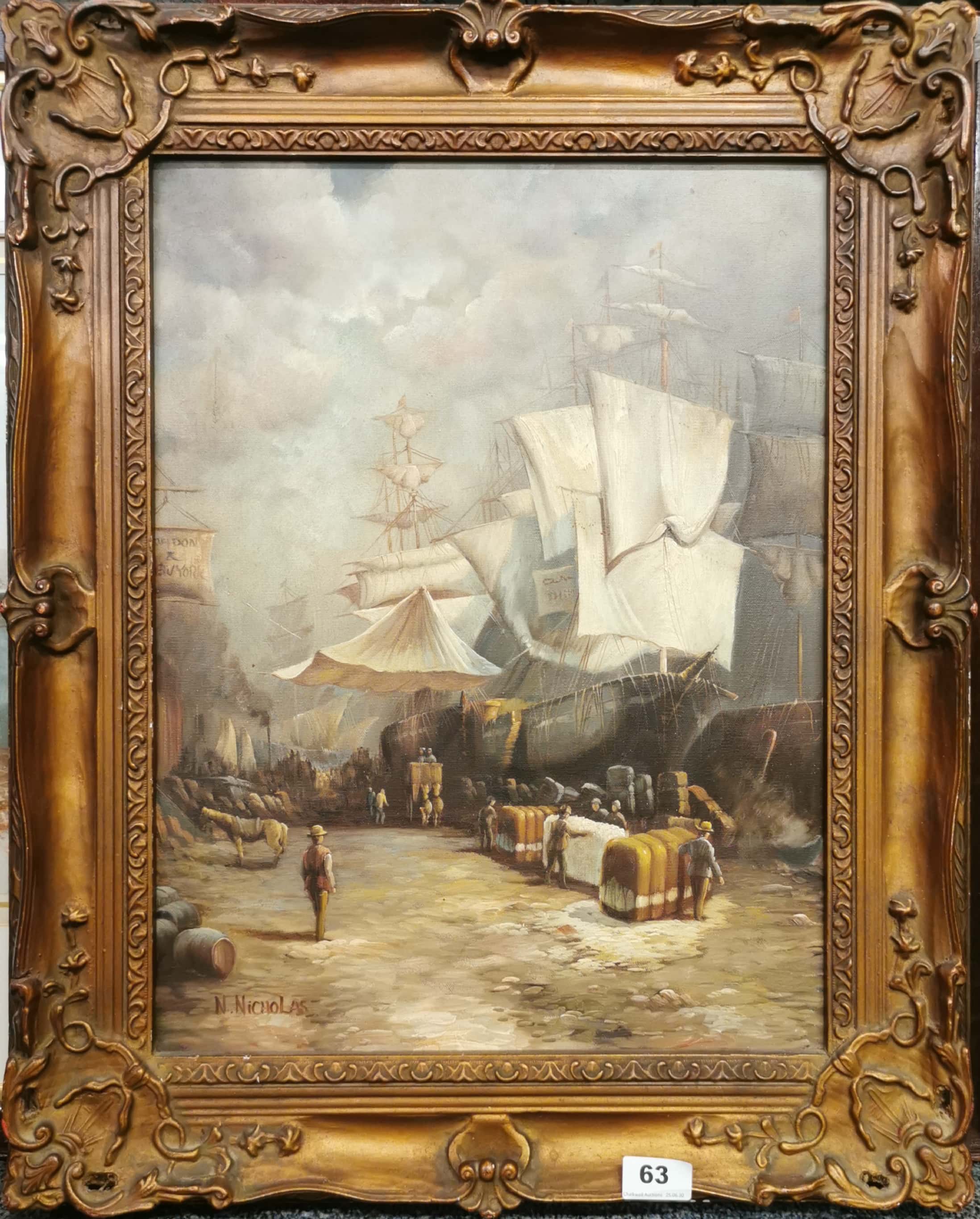 A gilt framed oil on canvas harbour scene loading clipper ships, signed N. Nicholas, framed size