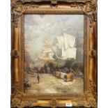 A gilt framed oil on canvas harbour scene loading clipper ships, signed N. Nicholas, framed size