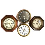 Three wall mounted mechanical wall clocks and one circular brass Gibson battery wall clock, widest
