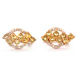 A pair of 925 silver rose gold gilt drop earrings set with round cut citrines and white stones, L.