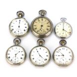 Six open face pocket watches. Condition: one with broken glass and another with missing glass.
