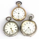 Two hallmarked silver open face pocket watches and a further gold plated pocket watch, Birmingham,