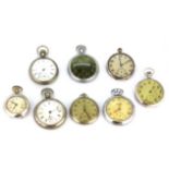 Eight open face pocket watches including one hallmarked silver and one .800 silver outer case.