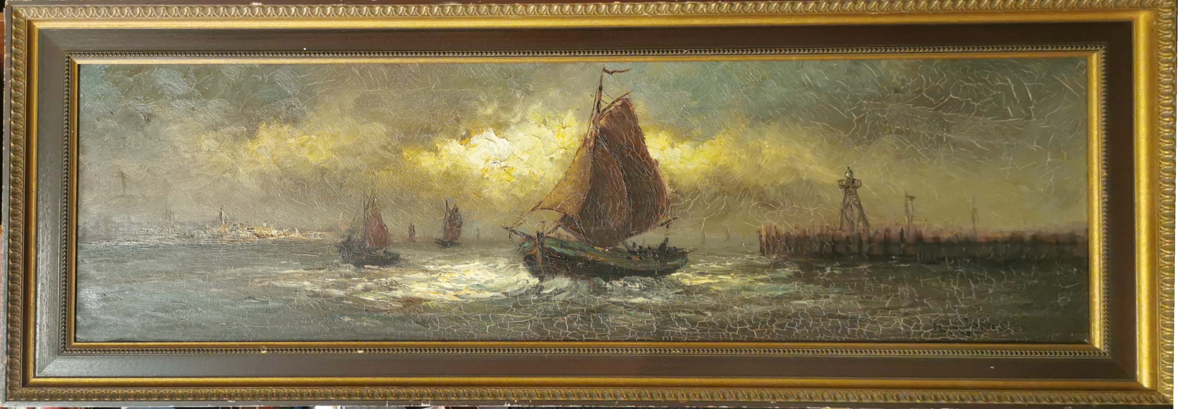 A large gilt framed oil on canvas of a fishing fleet returning to harbour with indistinct signature,
