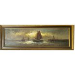 A large gilt framed oil on canvas of a fishing fleet returning to harbour with indistinct signature,