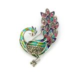 A 925 silver and marcasite enamelled peacock shaped brooch set with rubies, L. 5cm.
