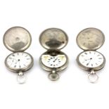 Three silver full hunter pocket watches. Condition : untested, hand missing in one of them.