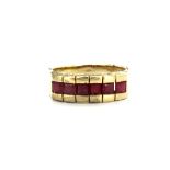 A 14ct yellow gold (stamped 585) ruby set ring, approx. 5.4gr, (O).