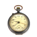 A gunmetal open face pocket watch with alarm function. Condition : understood to be in working