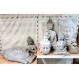 Seven garden concrete Buddhist figures, H. 38cm.