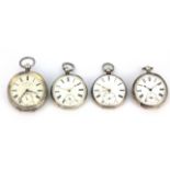 Three silver open face pocket watches and a further white metal pocket watch. Condition : two
