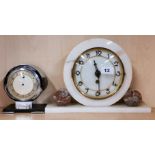 An Art Deco marble mantle clock, H. 22cm together with an Art Deco chrome and Bakelite electric