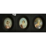 Three hand painted and initialled miniatures of young women in a Regency style, size 17 x 21cm.