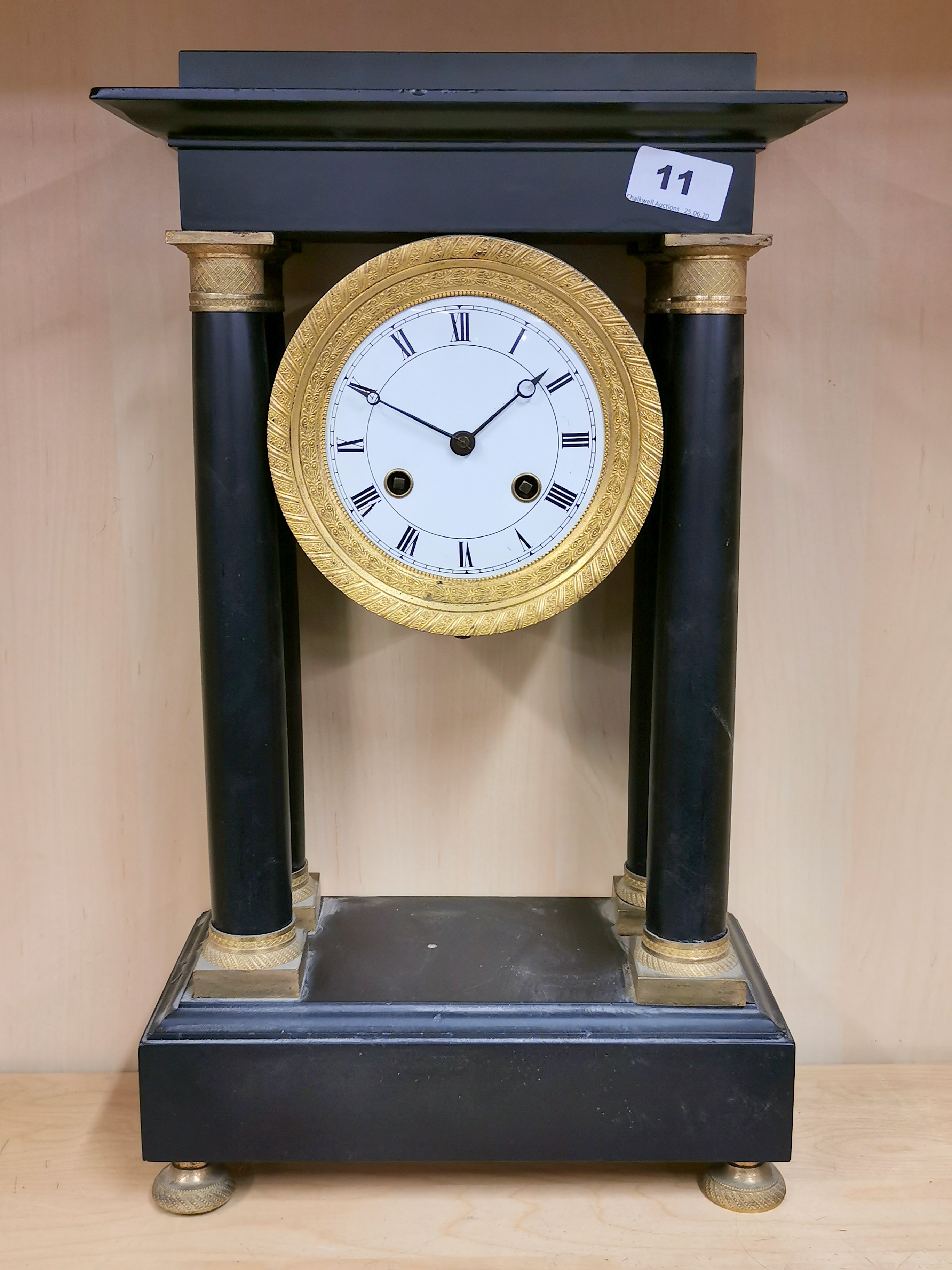 An early 19th century French slate striking Portico clock, H. 48cm. Condition: case appears sound,