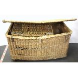 A very large antique laundry basket, 115 x 70 x 70cm, and two smaller laundry baskets.