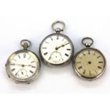 Three silver open face pocket watches. Condition : untested.