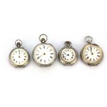Four silver lady's open face pocket watches. Condition : two are missing hands, understood to be
