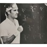 A Stephen Blades (Contemporary British) acrylic and silk portrait on canvas of Roger Federer, size